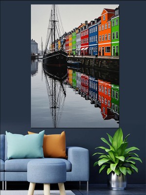 Tablomega Su Kenarında Renkli Evler Yansıması Dekoratif Kanvas - Mdf Ahşap Tablo