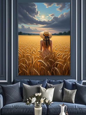 Tablomega Buğday Tarlasında Şapkalı Genç Kadın Dekoratif Kanvas - Mdf Ahşap Tablo