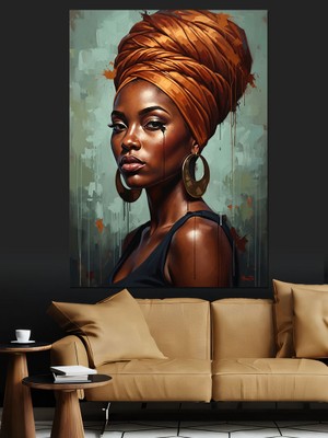 Tablomega Etnik Türbanlı Afrikalı Kadın Portresi Dekoratif Kanvas - Mdf Ahşap Tablo