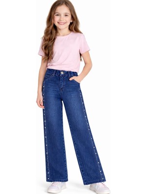 İrem Çocuk Giyim Kız Çocuk Eskitme Desenli Yanları Taş Detaylı Likralı Geniş Paça Model Mavi Renk Kot Pantolon