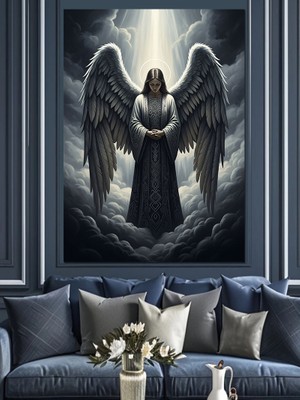 Tablomega Siyah Kanatlı Melek Figürü Dekoratif Kanvas - Mdf Ahşap Tablo
