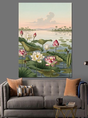 Tablomega Lotus Çiçekleri ve Sakin Göl Dekoratif Kanvas - Mdf Ahşap Tablo