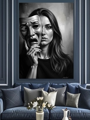 Tablomega Maske Tutan Dramatik Kadın Portresi Dekoratif Kanvas - Mdf Ahşap Tablo