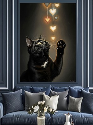 Tablomega Kalp Işıkları Altında Siyah Kedi Dekoratif Kanvas - Mdf Ahşap Tablo