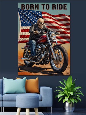 Tablomega Motosikletli Savaşçı ve Amerikan Bayrağı Dekoratif Kanvas - Mdf Ahşap Tablo