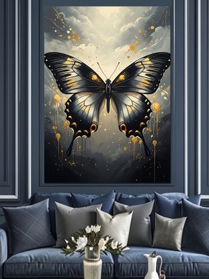 Tablomega Siyah Fon Üzerinde Altın Kelebek Dekoratif Kanvas - Mdf Ahşap Tablo