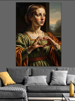 Tablomega Kalp Işareti Yapan Klasik Kadın Portresi Dekoratif Kanvas - Mdf Ahşap Tablo
