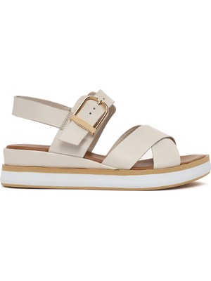 Derimod Kadın Krem Bilekten Tokalı Kalın Tabanlı Deri Sandalet 26SFD550418