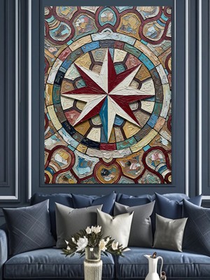 Tablomega Antik Pusula ve Geometrik Yıldız Dekoratif Kanvas - Mdf Ahşap Tablo