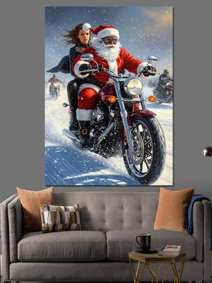 Tablomega Motosiklet Süren Müzisyen Noel Baba Dekoratif Kanvas - Mdf Ahşap Tablo