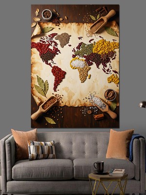 Tablomega Kahve ve Baharatlardan Dünya Haritası Dekoratif Kanvas - Mdf Ahşap Tablo
