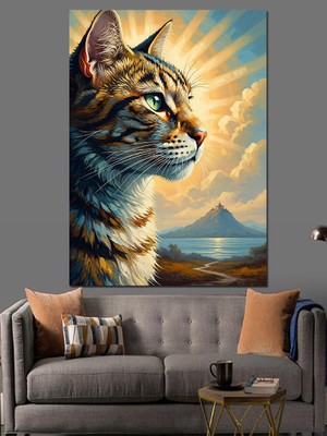 Tablomega Güneş Gibi Parlayan Kedi Portresi Dekoratif Kanvas - Mdf Ahşap Tablo