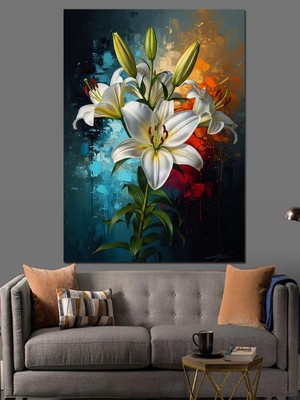 Tablomega Yakın Çekim Beyaz Lilyum Çiçekleri Dekoratif Kanvas - Mdf Ahşap Tablo