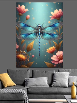Tablomega Çiçekler Arasında Mavi Yusufçuk Böceği Dekoratif Kanvas - Mdf Ahşap Tablo