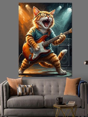 Tablomega Gitar Çalan Rockçı Kedi Dekoratif Kanvas - Mdf Ahşap Tablo
