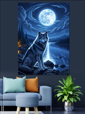 Tablomega Dolunay Altında Oturan Yalnız Kurt Dekoratif Kanvas - Mdf Ahşap Tablo