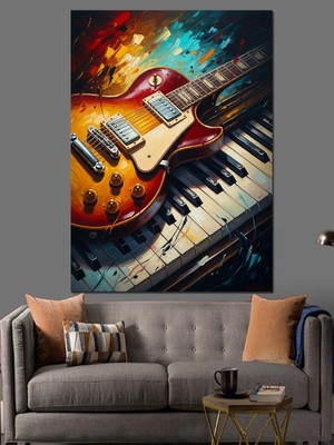 Tablomega Elektro Gitar ve Piyano Tuşları Dekoratif Kanvas - Mdf Ahşap Tablo