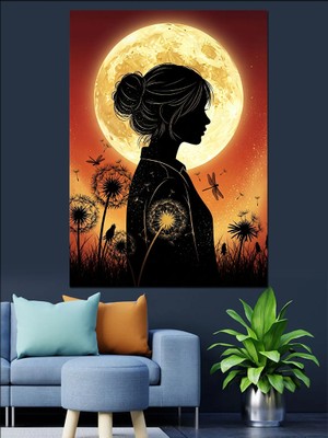 Tablomega Dolunay Altında Kadın Silüeti Çiçekleri Dekoratif Kanvas - Mdf Ahşap Tablo