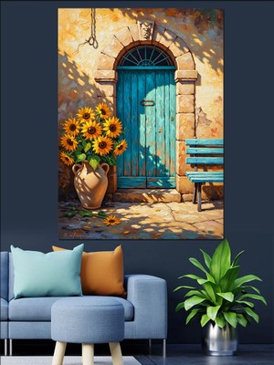 Tablomega Çiçekli Kapı ve Mavi Pencere Dekoratif Kanvas - Mdf Ahşap Tablo