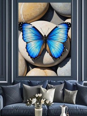 Tablomega Taş Üzerinde Mavi Kanatlı Kelebek Dekoratif Kanvas - Mdf Ahşap Tablo