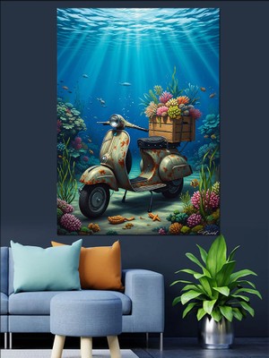 Tablomega Sepetli Klasik Scooter ve Çiçekler Dekoratif Kanvas - Mdf Ahşap Tablo