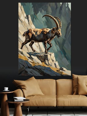 Tablomega Dağ Zirvesinde Duran Yaban Keçisi Dekoratif Kanvas - Mdf Ahşap Tablo