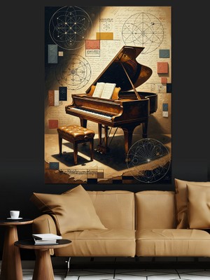 Tablomega Kitaplar Üzerinde Klasik Kuyruklu Piyano Dekoratif Kanvas - Mdf Ahşap Tablo