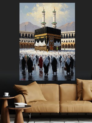 Tablomega Kutsal Kabe ve Müslüman Cemaat Dekoratif Kanvas - Mdf Ahşap Tablo