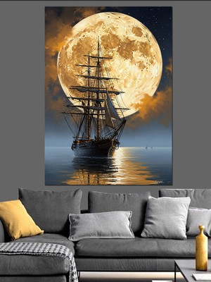 Tablomega Dev Dolunay Altında Yelkenli Gemi Dekoratif Kanvas - Mdf Ahşap Tablo
