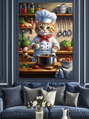 Tablomega Mutfakta Yemek Pişiren Şef Kedi Dekoratif Kanvas - Mdf Ahşap Tablo