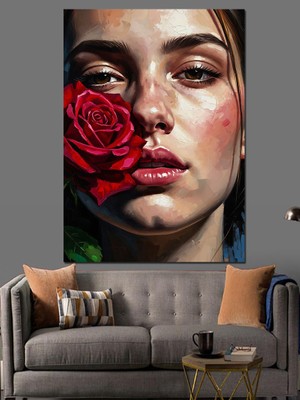 Tablomega Kırmızı Gül Tutan Kadın Yüzü Dekoratif Kanvas - Mdf Ahşap Tablo