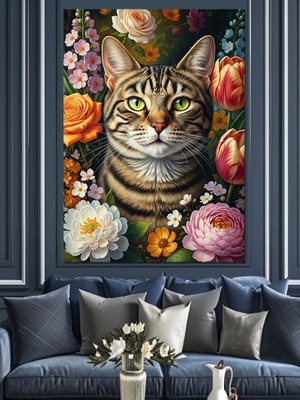 Tablomega Çiçek Taçlı Tekir Kedi Dekoratif Kanvas - Mdf Ahşap Tablo