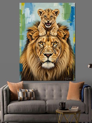 Tablomega Yavrusunu Taşıyan Aslan Baba Portresi Dekoratif Kanvas - Mdf Ahşap Tablo
