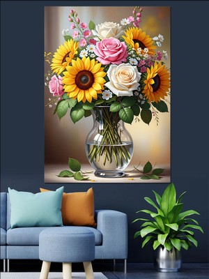 Tablomega Vazoda Ayçiçekleri ve Güller Dekoratif Kanvas - Mdf Ahşap Tablo