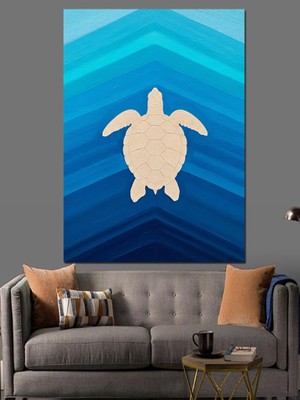 Tablomega Mavi Zemin Üzerinde Deniz Kaplumbağası Dekoratif Kanvas - Mdf Ahşap Tablo