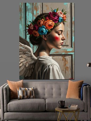Tablomega Melek Kanatlı ve Çiçekli Kadın Dekoratif Kanvas - Mdf Ahşap Tablo
