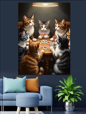 Tablomega Masada Poker Oynayan Kediler Dekoratif Kanvas - Mdf Ahşap Tablo