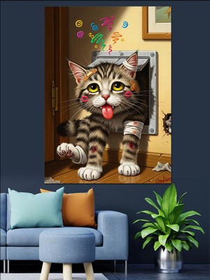 Tablomega Kapıdan Çıkan Komik Dil Çıkaran Kedi Dekoratif Kanvas - Mdf Ahşap Tablo