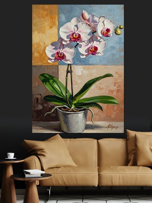 Tablomega Saksıda Beyaz Orkide ve Yapraklar Dekoratif Kanvas - Mdf Ahşap Tablo