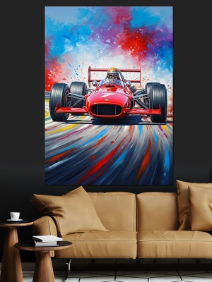 Tablomega Pistte Hızla Ilerleyen Yarış Arabası Dekoratif Kanvas - Mdf Ahşap Tablo