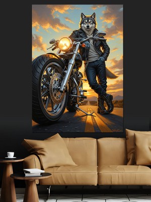 Tablomega Klasik Motosiklet Yanında Duran Kurt Dekoratif Kanvas - Mdf Ahşap Tablo