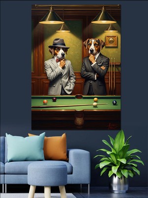 Tablomega Bilardo Oynayan Karizmatik Köpekler Grubu Dekoratif Kanvas - Mdf Ahşap Tablo