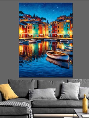 Tablomega Gece Limanda Duran Beyaz Kayık Dekoratif Kanvas - Mdf Ahşap Tablo