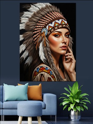 Tablomega Geleneksel Başlıklı Kızılderili Kadın Portresi Dekoratif Kanvas - Mdf Ahşap Tablo