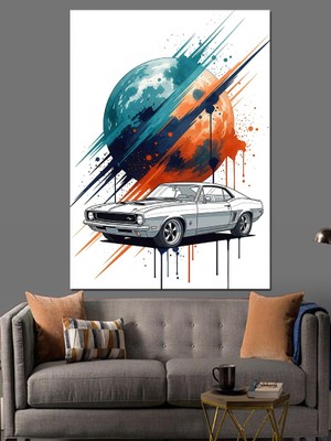 Tablomega Gezegenler Arasından Geçen Klasik Araba Dekoratif Kanvas - Mdf Ahşap Tablo