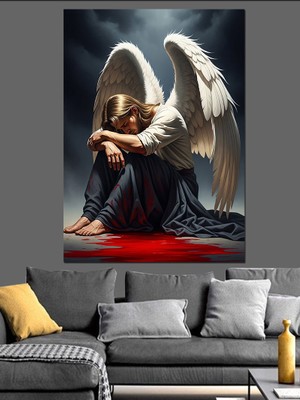 Tablomega Kanatlarını Kapatmış Hüzünlü Kadın Melek Dekoratif Kanvas - Mdf Ahşap Tablo