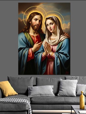 Tablomega Kutsal Aile Meryem ve Isa Dekoratif Kanvas - Mdf Ahşap Tablo