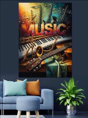 Tablomega Müzik Aletleri ve Notalar Tablosu Dekoratif Kanvas - Mdf Ahşap Tablo