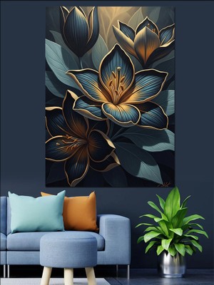 Tablomega Siyah Üzerine Altın Detaylı Çiçek Dekoratif Kanvas - Mdf Ahşap Tablo