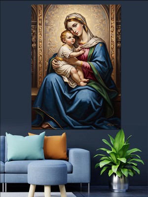 Tablomega Kucağında Çocuklu Kutsal Anne Figürü Dekoratif Kanvas - Mdf Ahşap Tablo